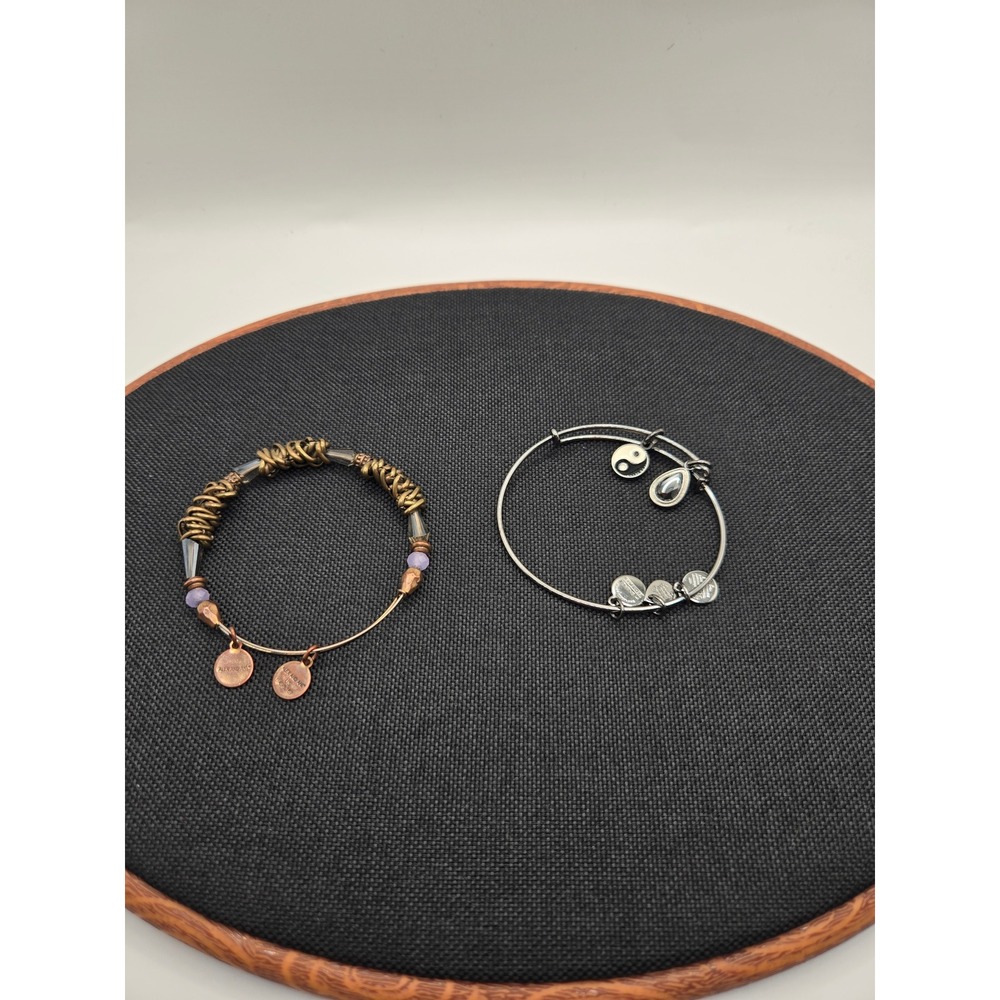 Alex and Ani Bangle Bracelet Set Yin Yang Purple Beaded Mixed Metal 2pc